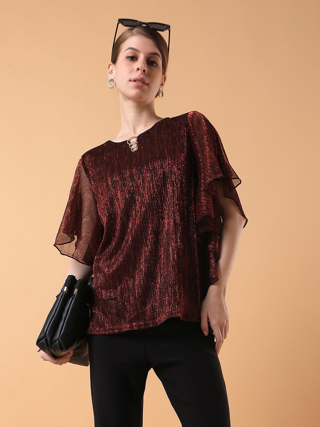 

SHOWOFF Women Solid Round Neck Nylon Top, Red