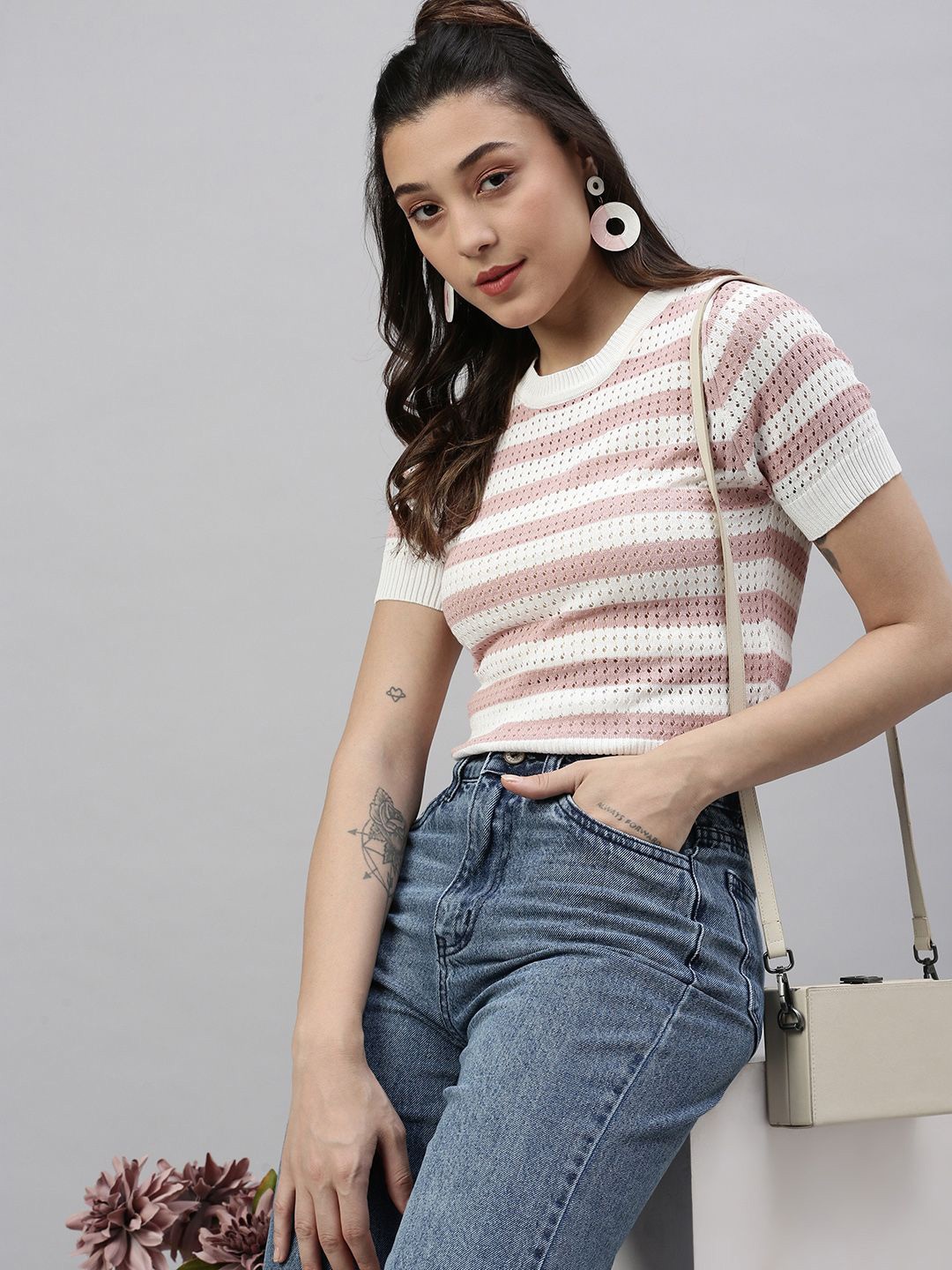 

SHOWOFF Women Self Design Striped Knits Round Neck Acrylic Top, Peach