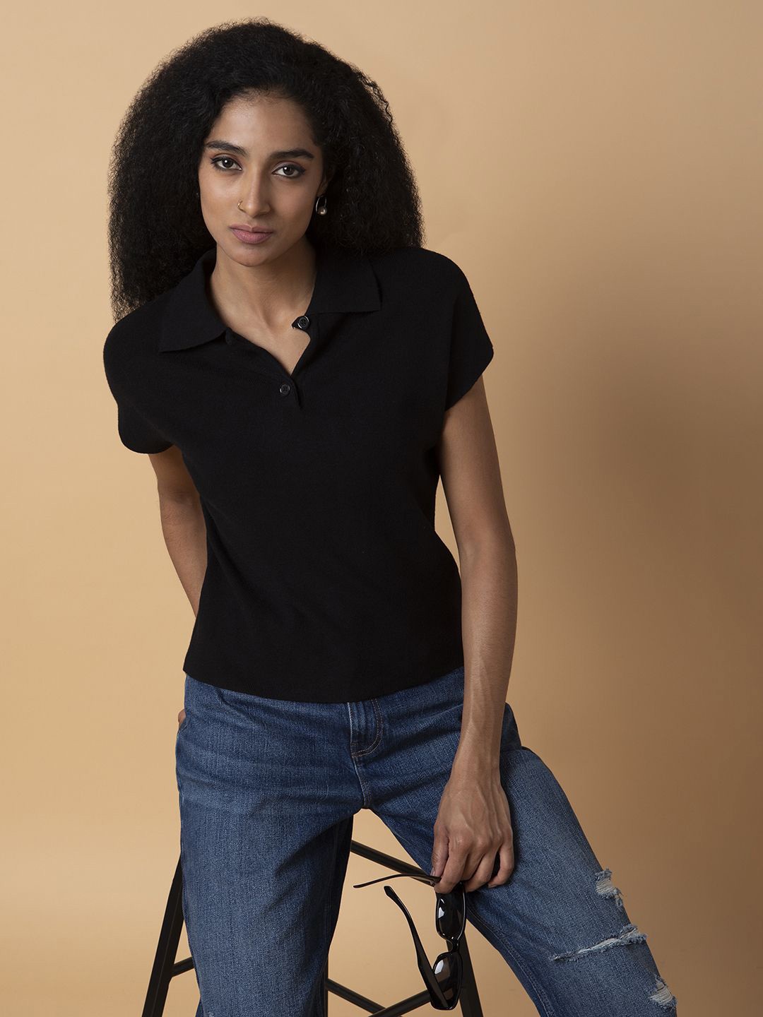 

SHOWOFF Women Solid Knits Shirt Collar Acrylic Top, Black
