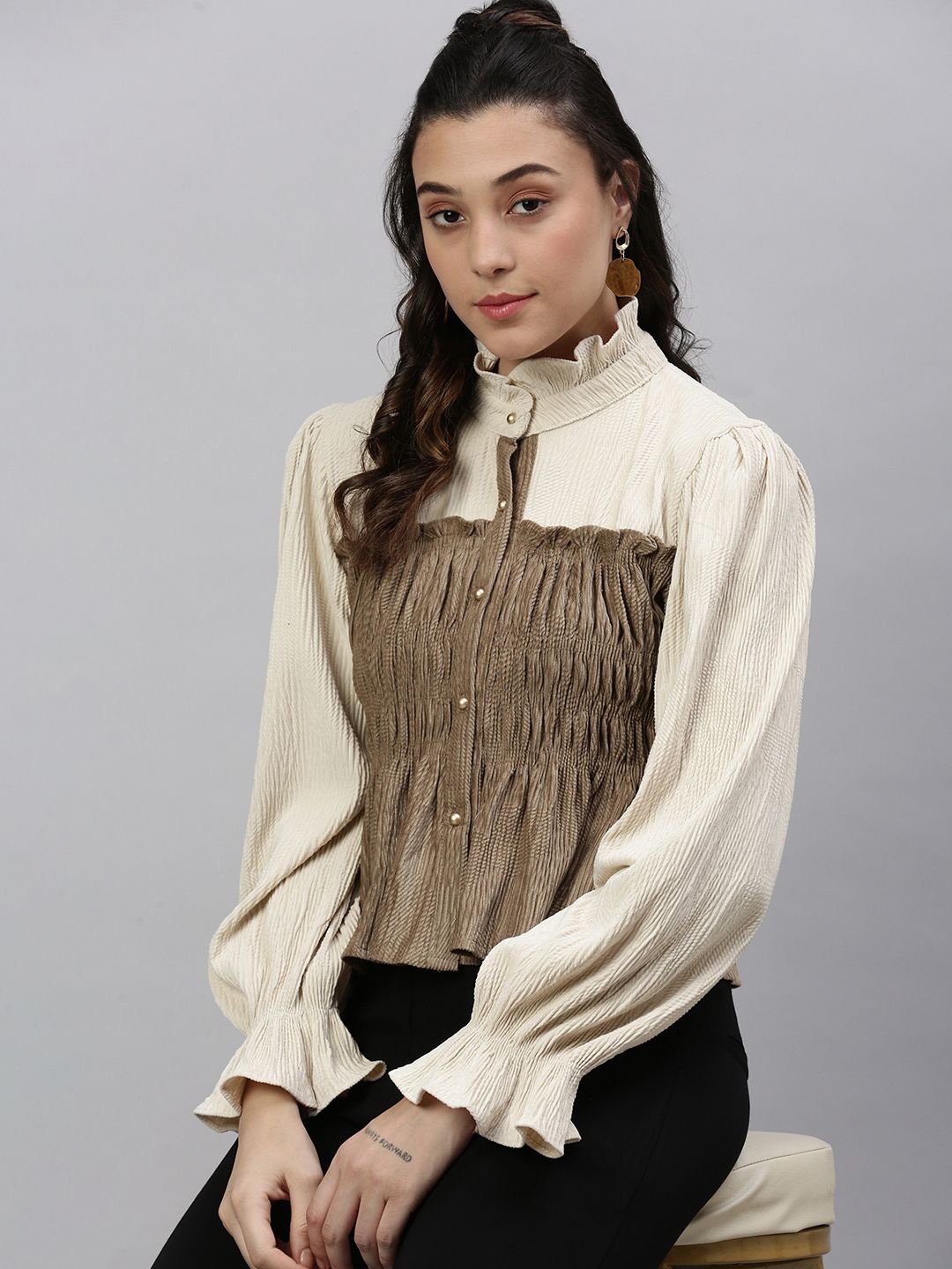 

SHOWOFF Women Colourblocked High Neck Nylon Top, Cream
