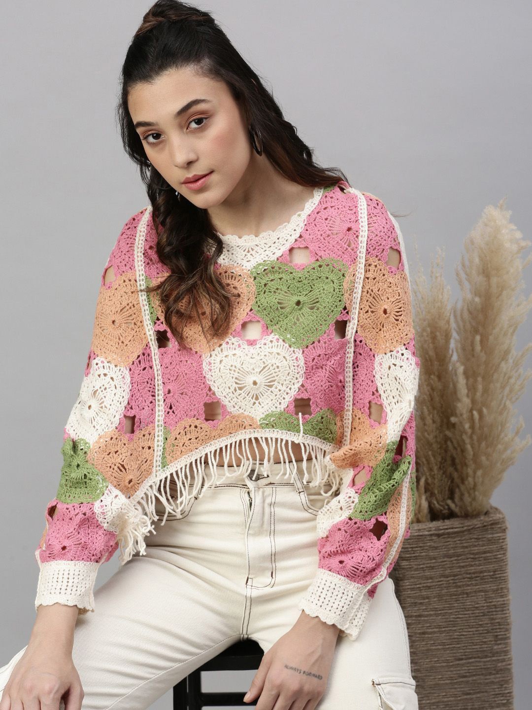 

SHOWOFF Women Self Design Chrochet Round Neck Acrylic Top, Pink