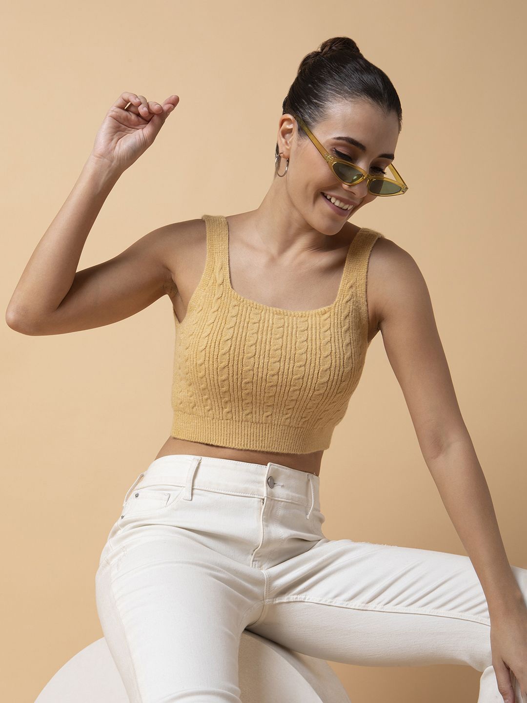 

SHOWOFF Women Solid Knits Square Neck Acrylic Top, Beige