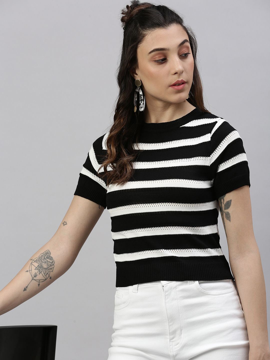 

SHOWOFF Women Horizontal Striped Round Neck Acrylic Top, Black