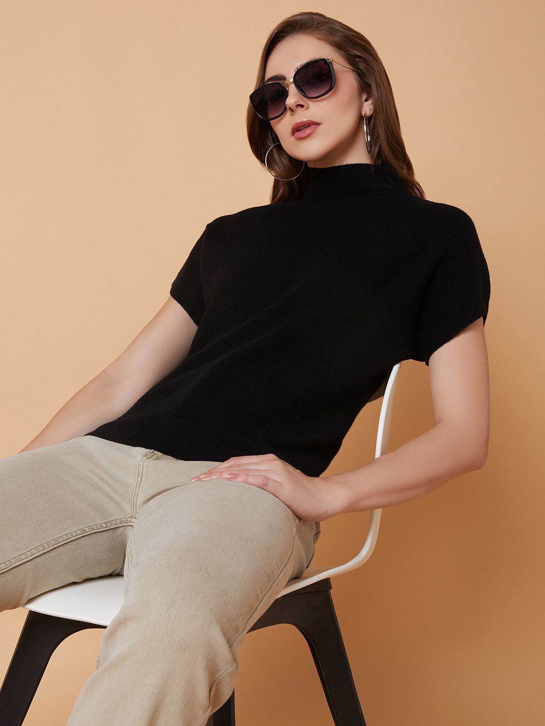 

SHOWOFF Women Solid Knits High Neck Acrylic Top, Black