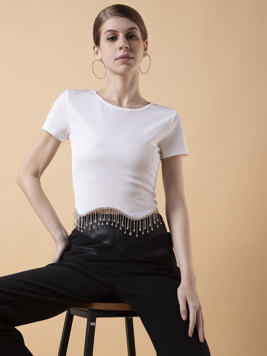 

SHOWOFF Women Solid Bling & Sparkly Round Neck Nylon Top, White