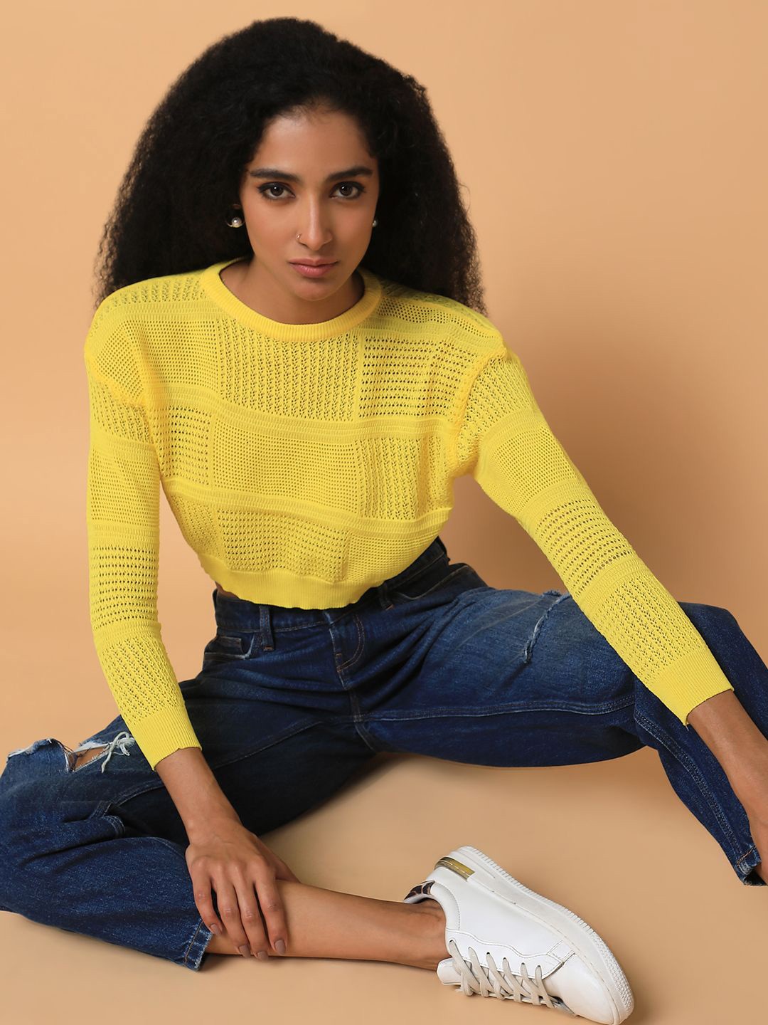 

SHOWOFF Women Self Design Chrochet Round Neck Acrylic Top, Yellow