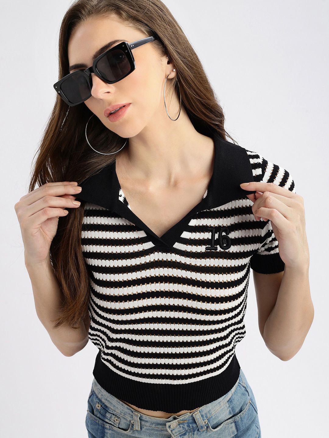 

SHOWOFF Women Horizontal Striped Shirt Collar Acrylic Top, Black