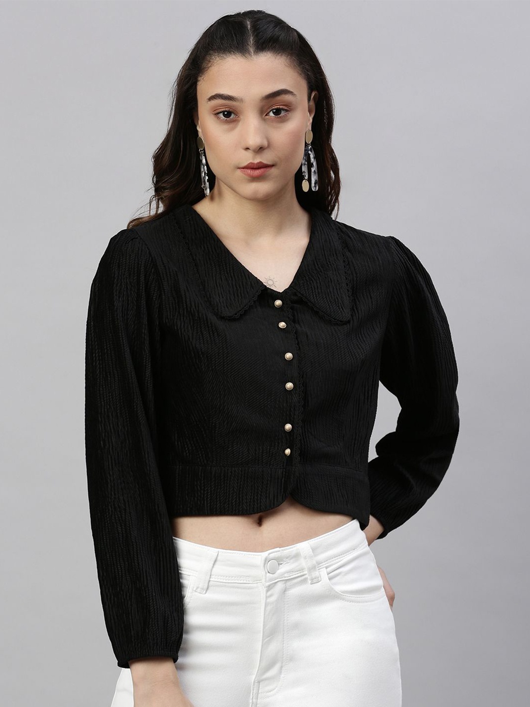 

SHOWOFF Women Solid Shirt Collar Nylon Top, Black