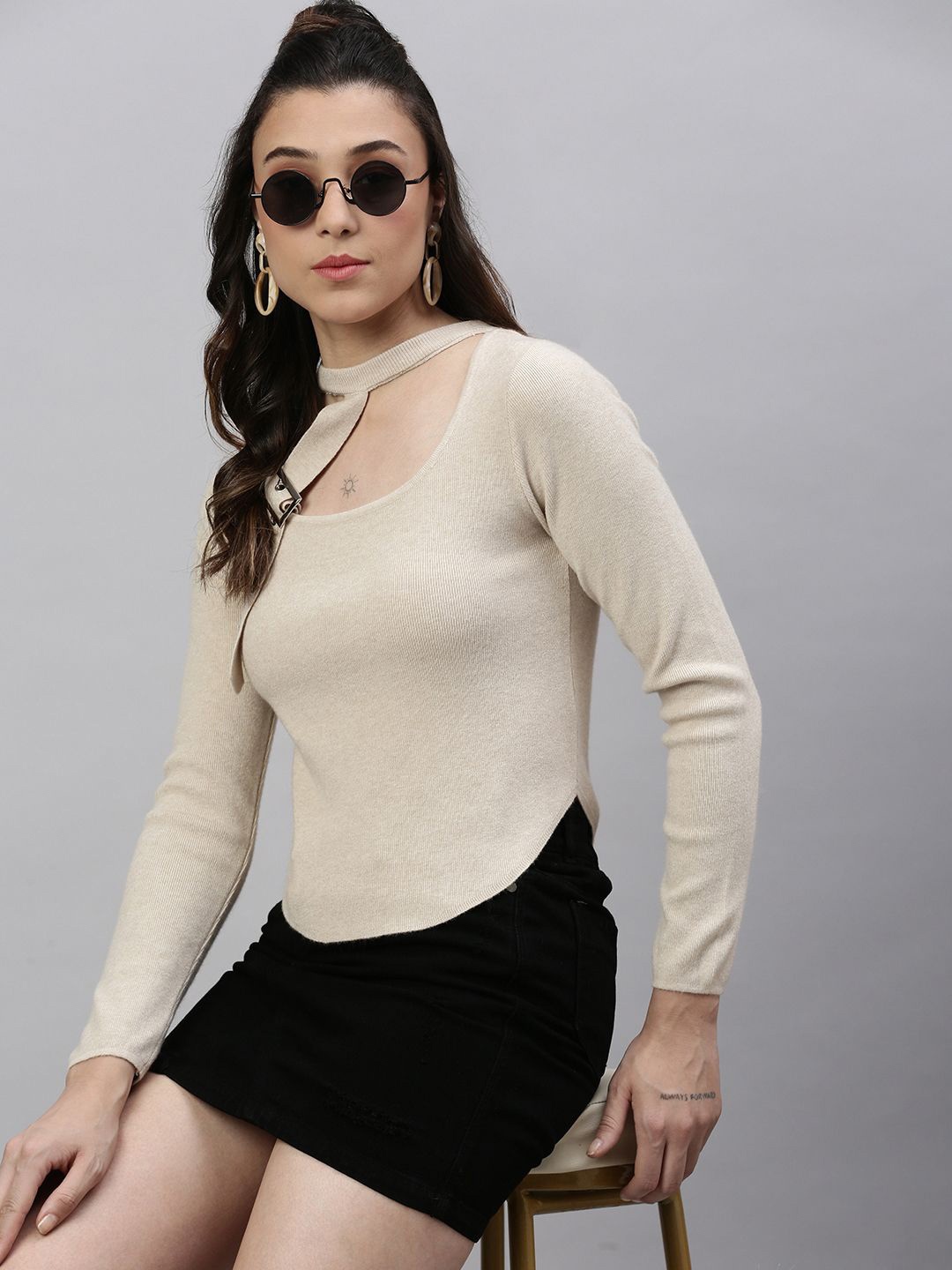 

SHOWOFF Women Solid Knits Round Neck Acrylic Top, Beige