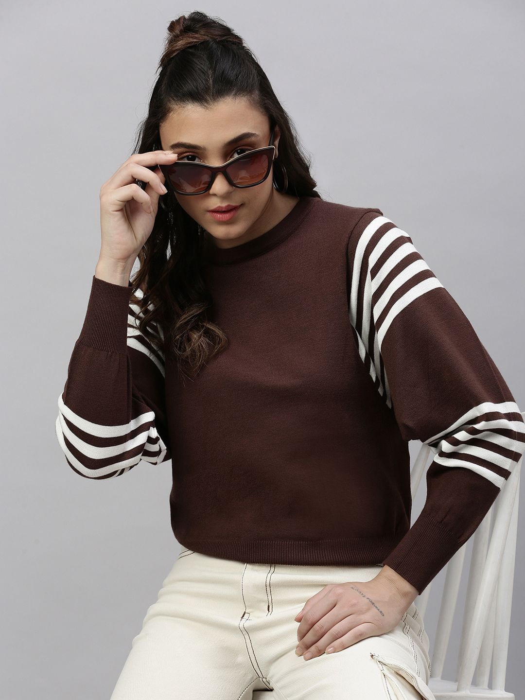 

SHOWOFF Women Horizontal Striped Knits Round Neck Acrylic Top, Brown