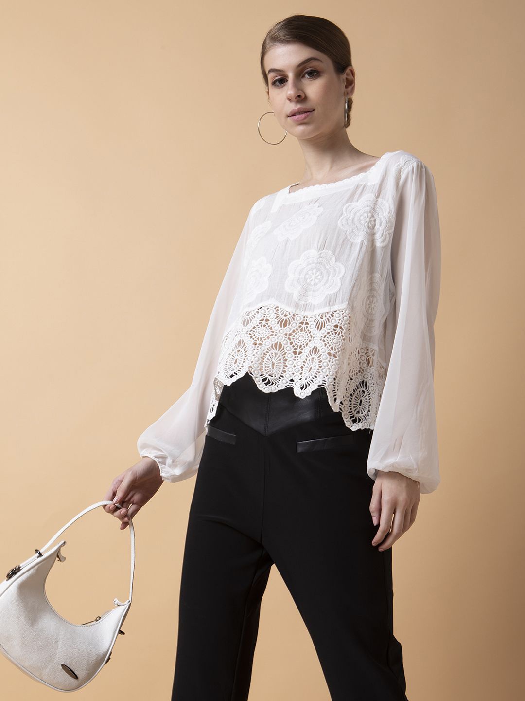 

SHOWOFF Women Self Design Square Neck Top, White