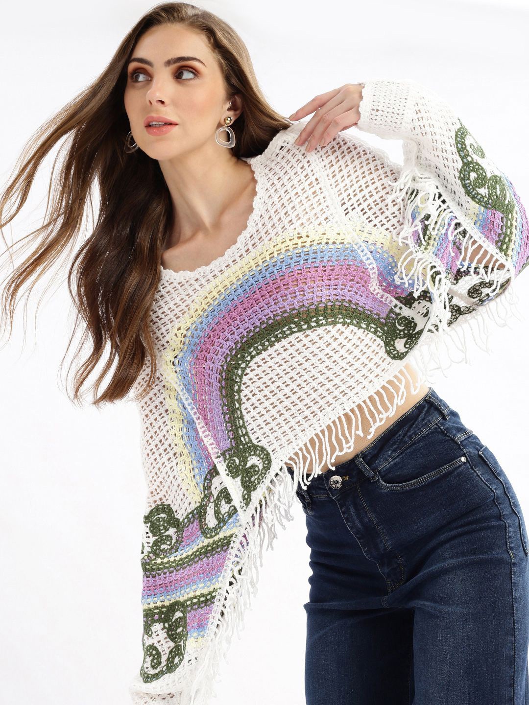

SHOWOFF Women Self Design Chrochet Round Neck Acrylic Top, White