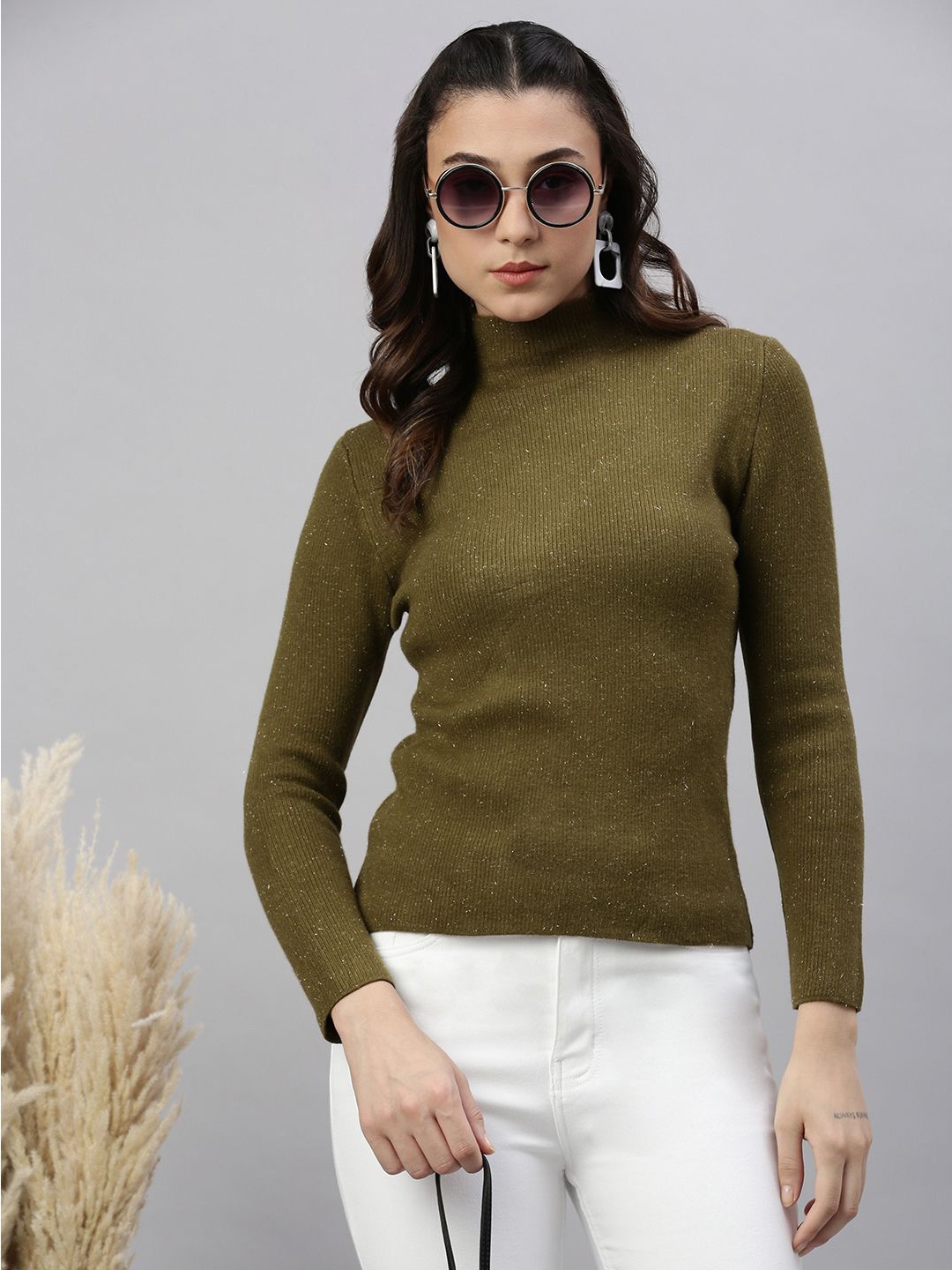 

SHOWOFF Women Solid Bling & Sparkly High Neck Nylon Top, Olive