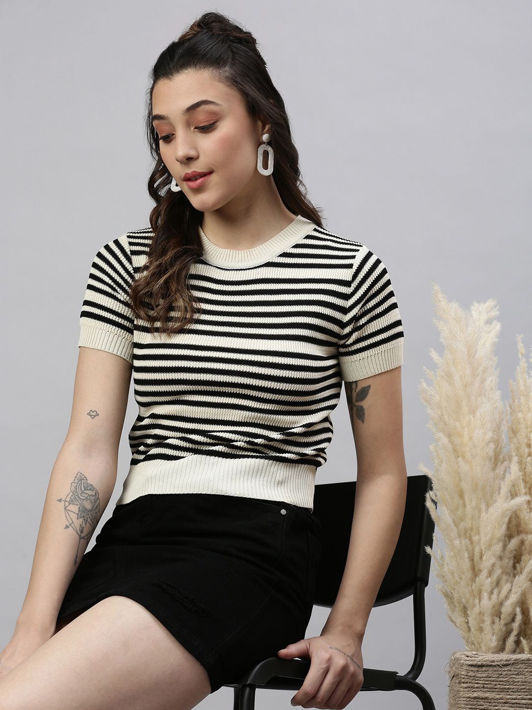 

SHOWOFF Women Horizontal Striped Round Neck Acrylic Top, Cream