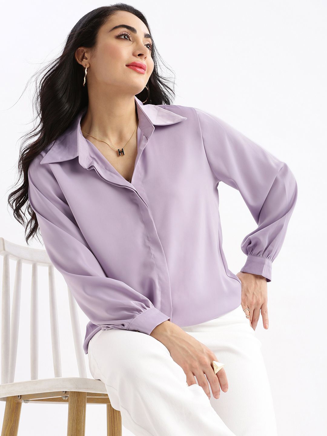 

SHOWOFF Women Solid Shirt Collar Satin Top, Lavender