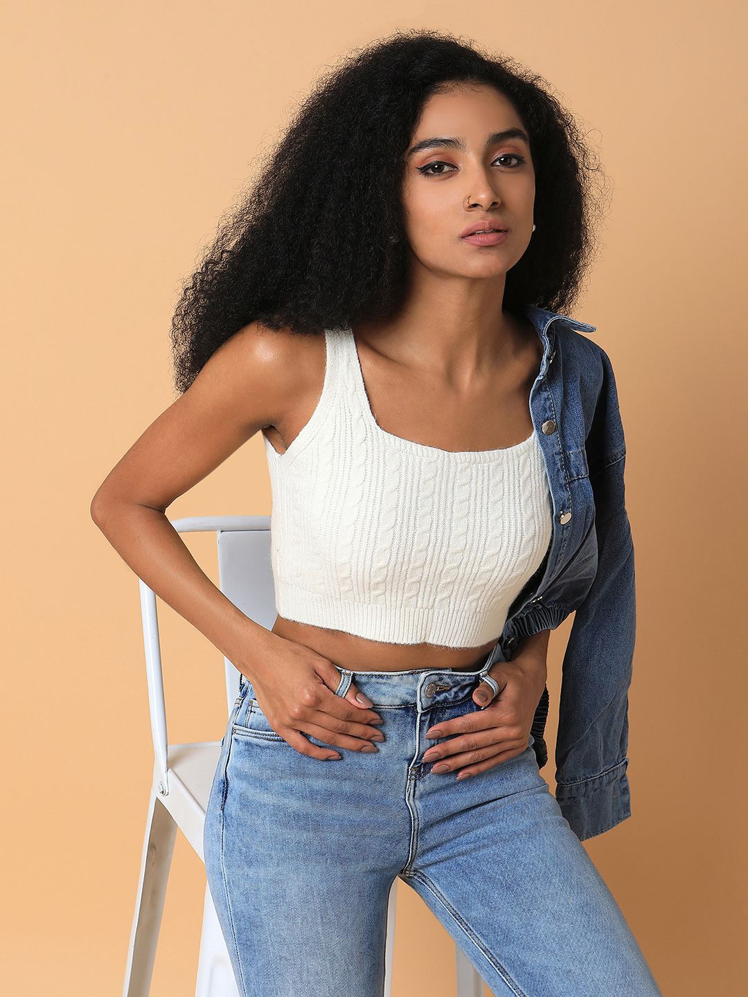 

SHOWOFF Women Solid Knits Square Neck Acrylic Top, Cream