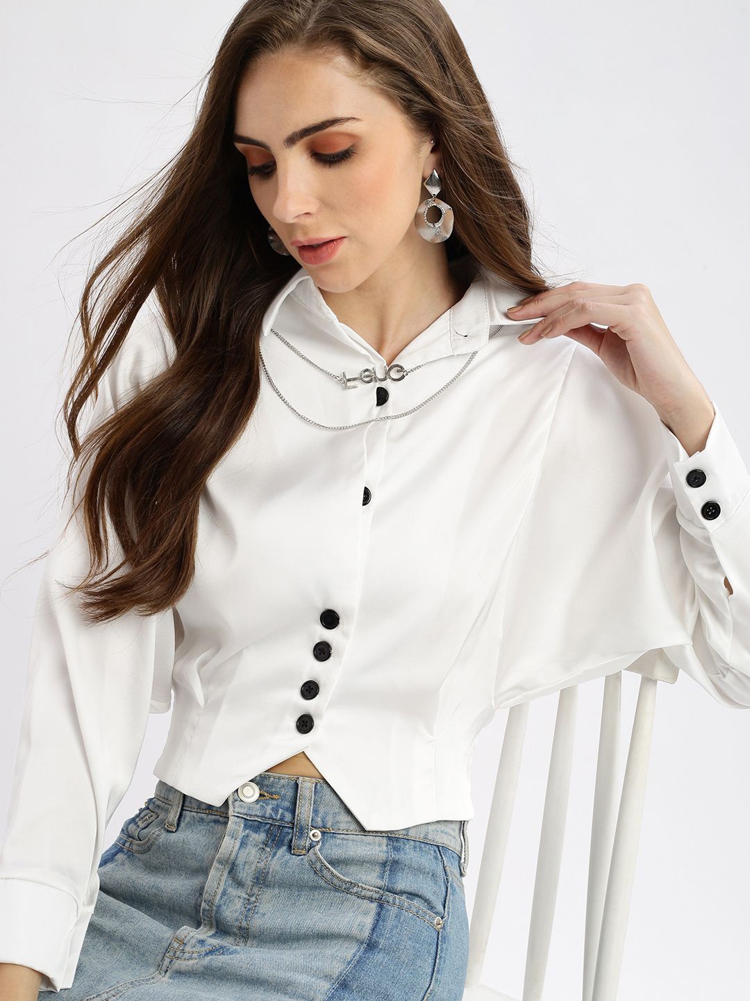 

SHOWOFF Women Solid Smocked Shirt Collar Satin Top, White