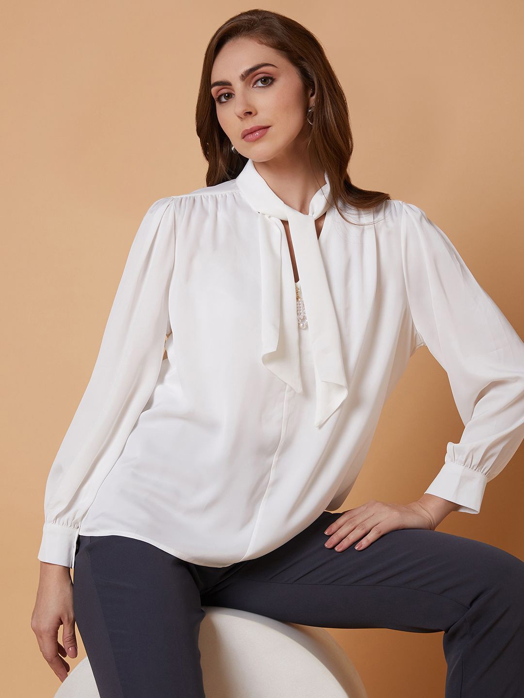 

SHOWOFF Women Solid Tie-Up Neck Satin Top, White