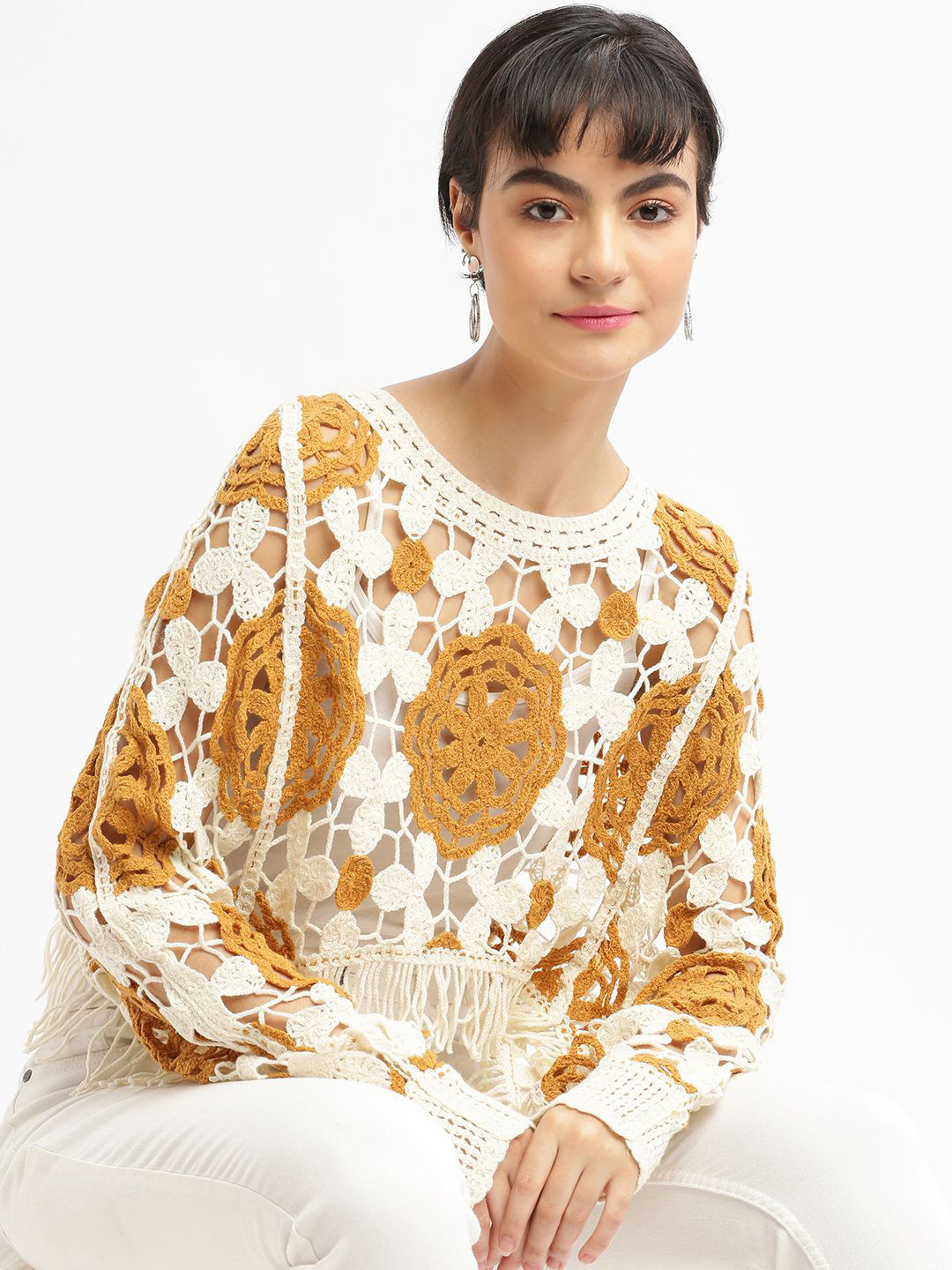 

SHOWOFF Women Self Design Chrochet Round Neck Acrylic Top, Cream