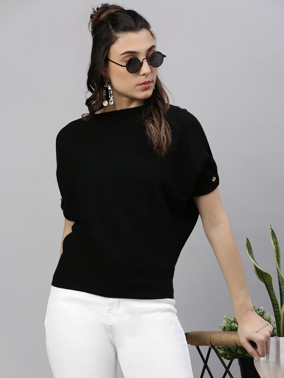 

SHOWOFF Women Solid Knits Boat Neck Acrylic Top, Black