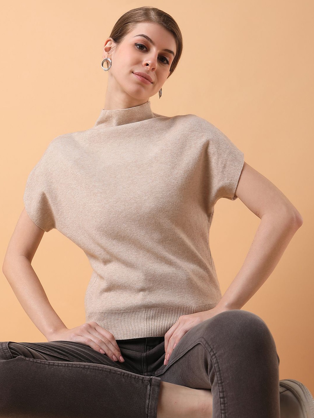 

SHOWOFF Women Solid Knits High Neck Acrylic Top, Beige