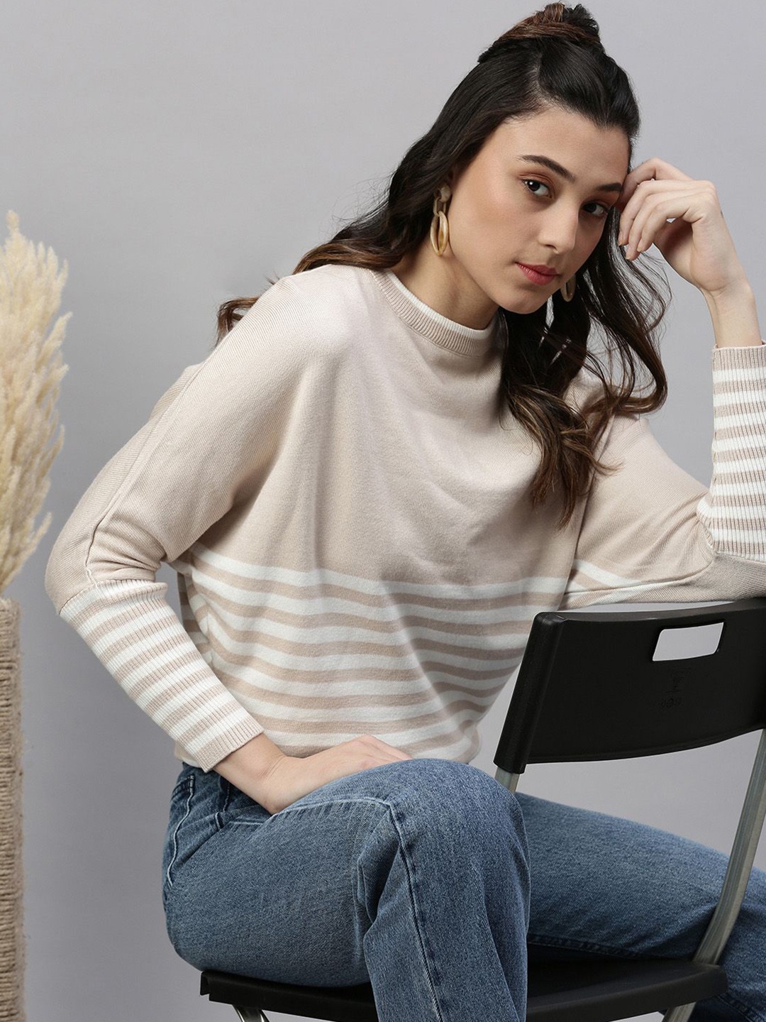 

SHOWOFF Women Striped Round Neck Winter Top, Beige