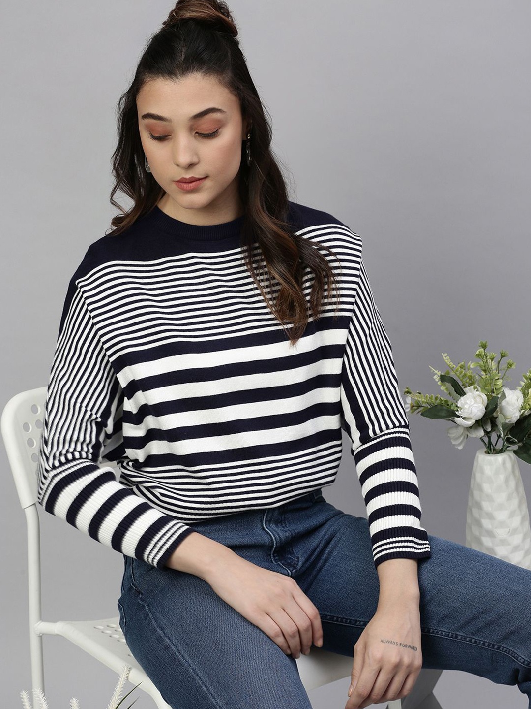 

SHOWOFF Women Horizontal Striped Round Neck Acrylic Top, Navy blue
