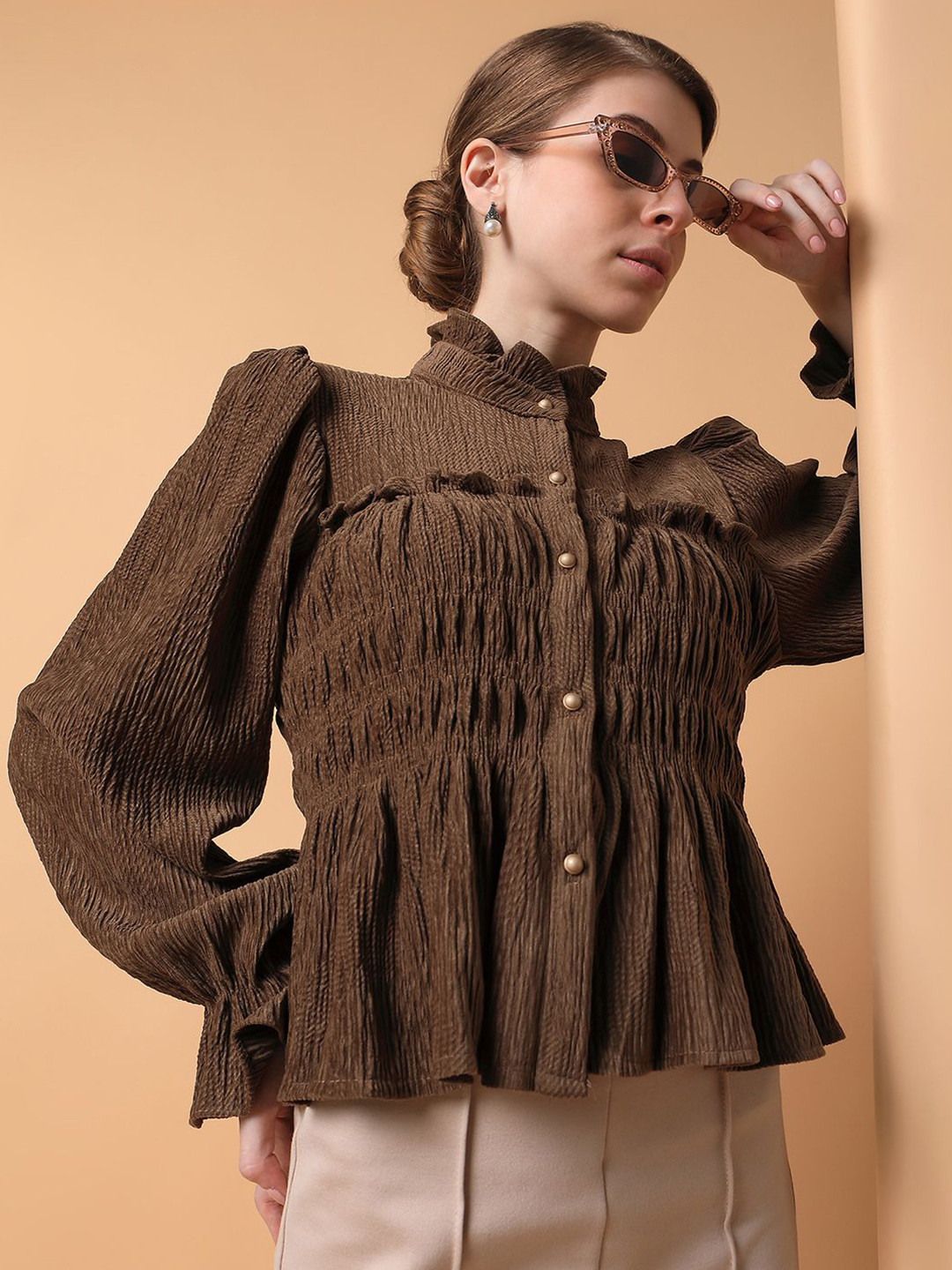 

SHOWOFF Women Solid High Neck Nylon Top, Brown