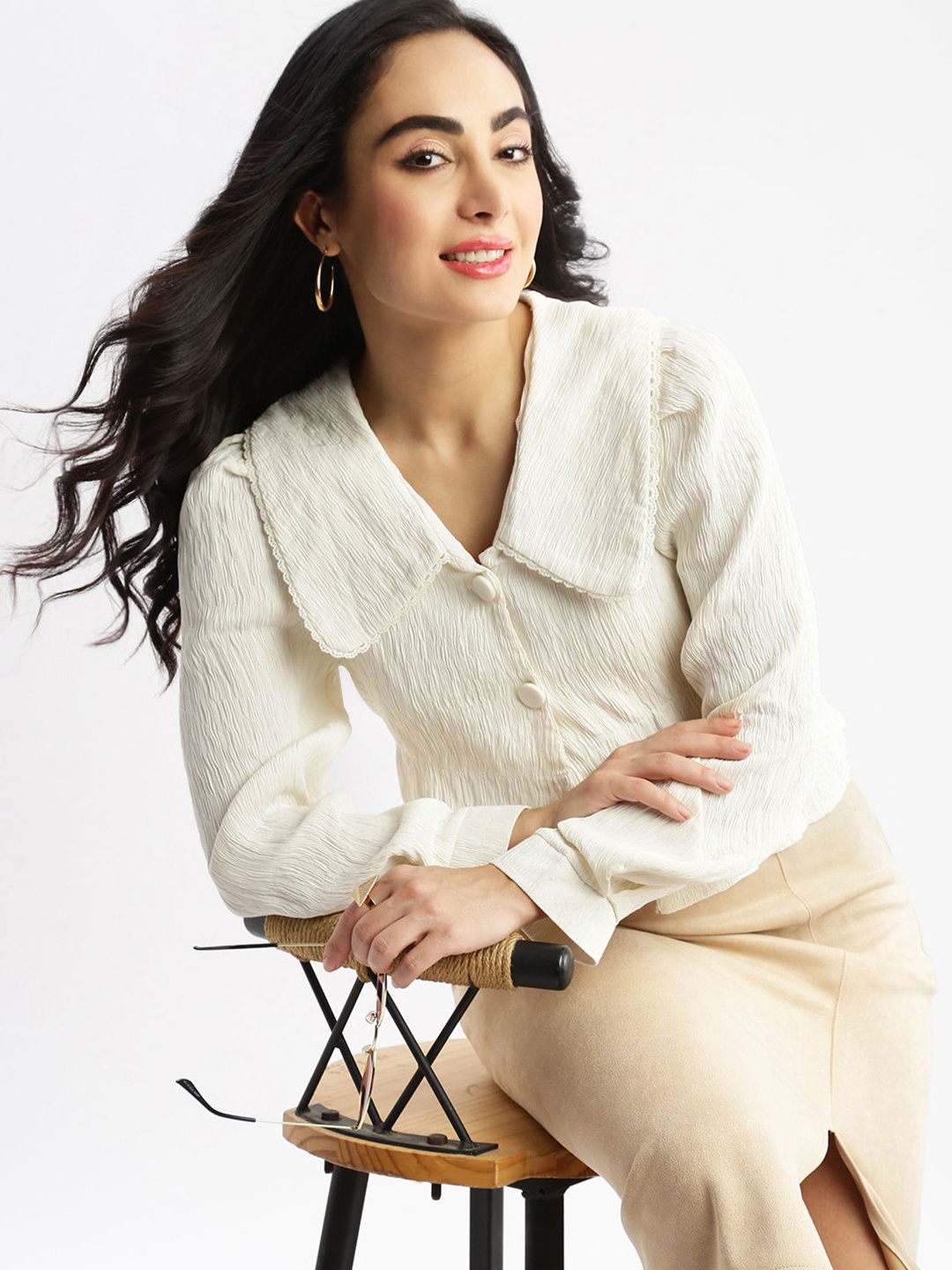 

SHOWOFF Women Horizontal Striped Knits Round Neck Acrylic Top, Cream