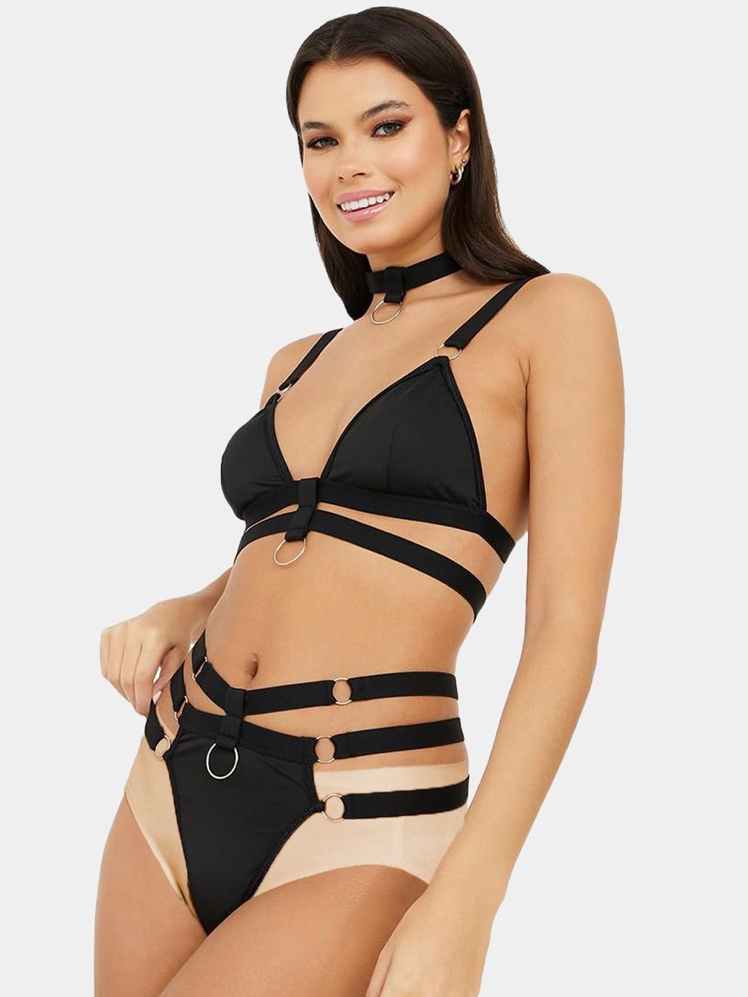 

Krelin Ring Linked Cut Out Non Padded Lingerie Set, Black