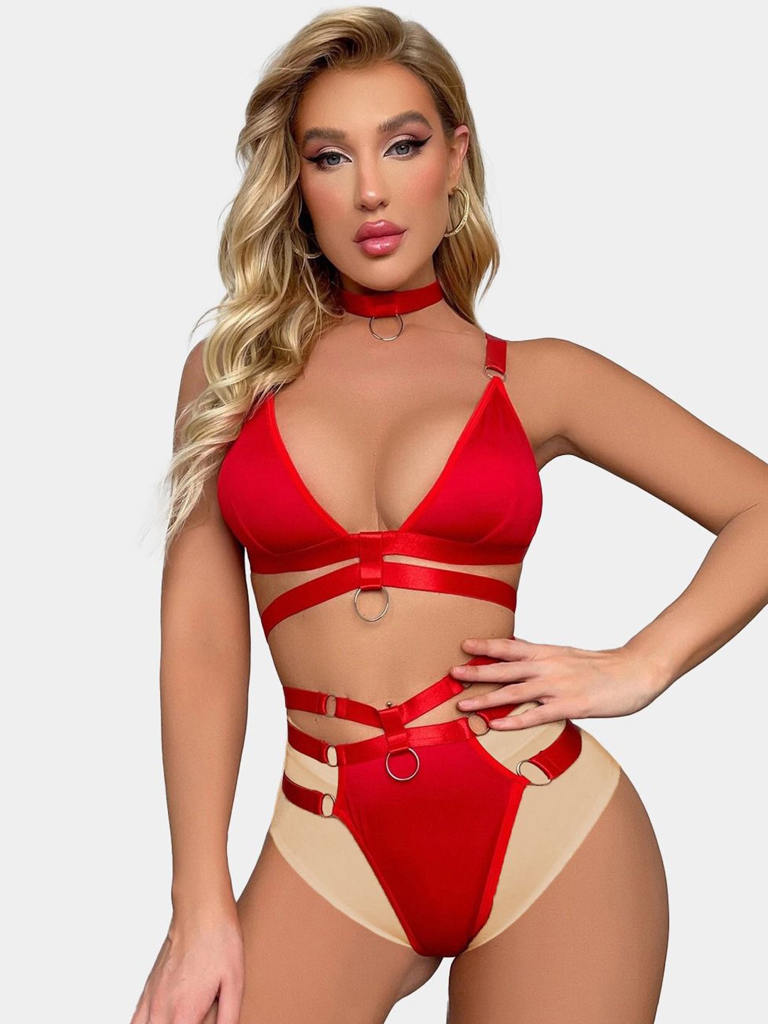 

Krelin Ring Linked Cut Out Non-Padded Lingerie Set, Red
