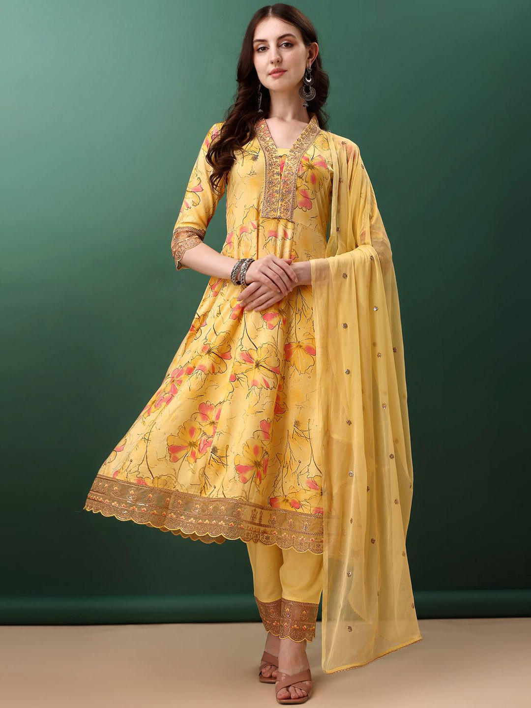 

KALINI Floral Printed V-Neck Thread Work A-Line Kurta with Trousers & Dupatta, Yellow