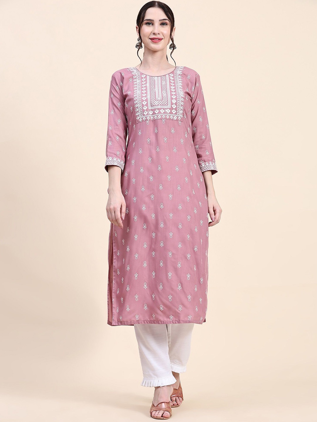 

KALINI Ethnic Motifs Printed Thread Work Straight Kurta with Trousers, Pink