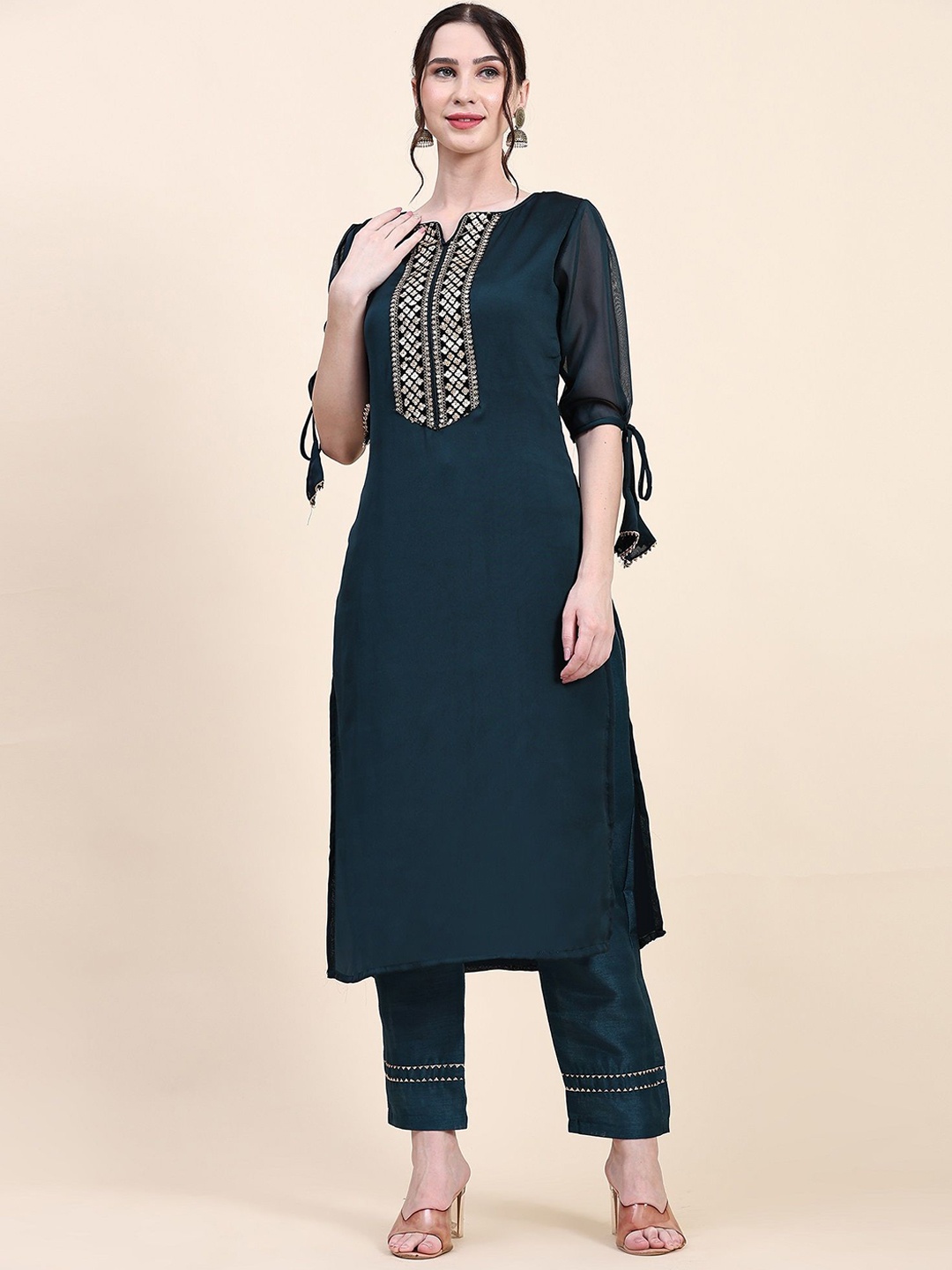 

KALINI Floral Embroidered Straight Kurta with Trousers, Teal