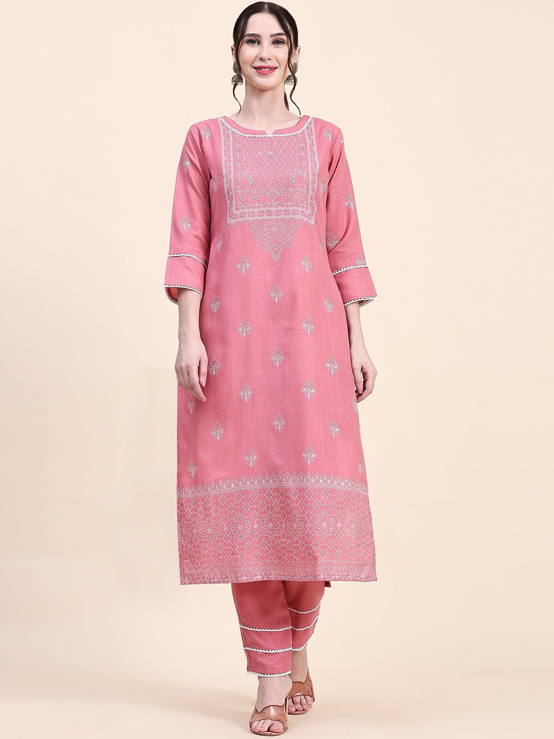 

KALINI Floral Printed Straight Kurta with Trousers, Pink