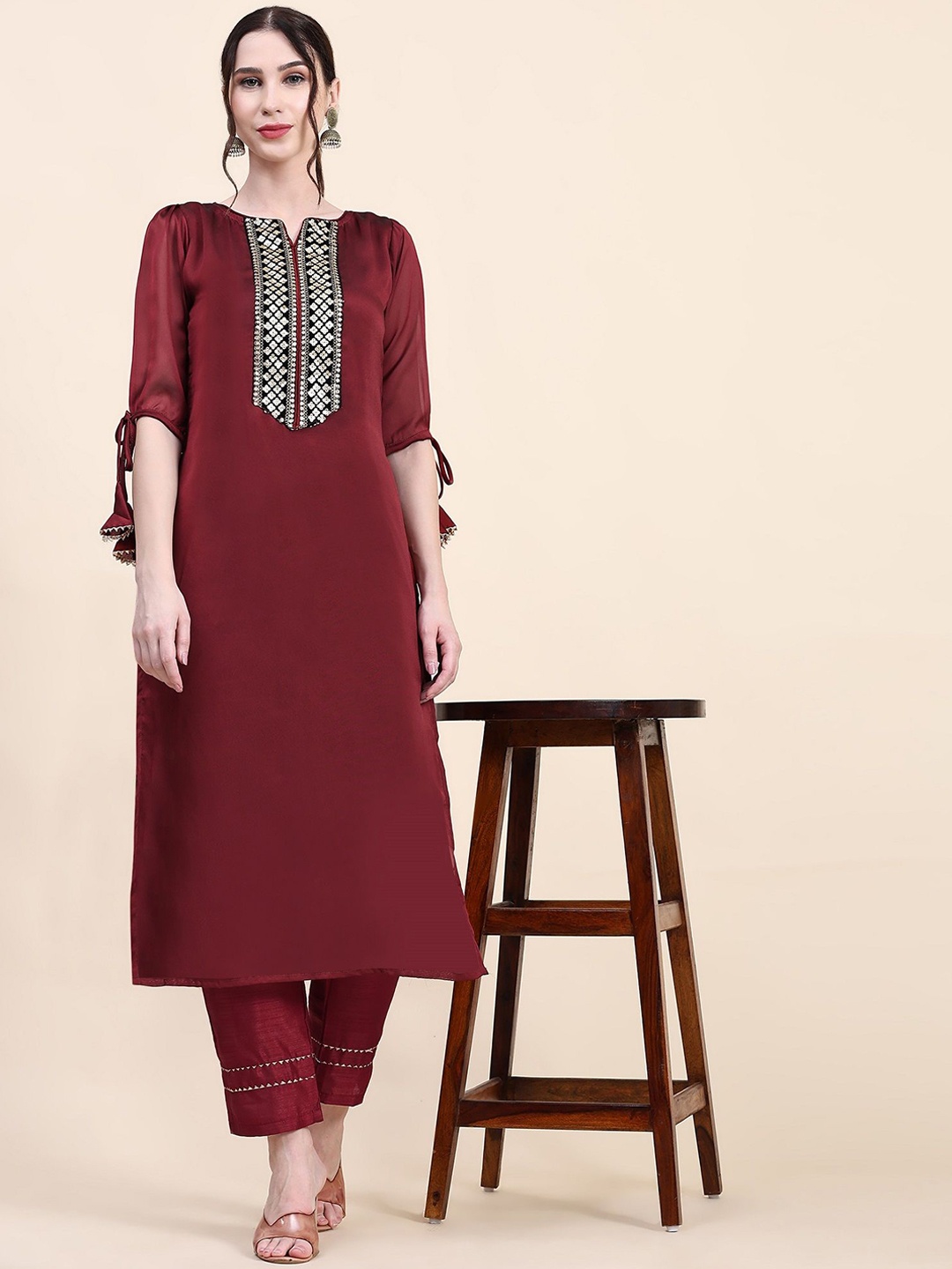 

KALINI Floral Embroidered Kurta with Trousers, Maroon