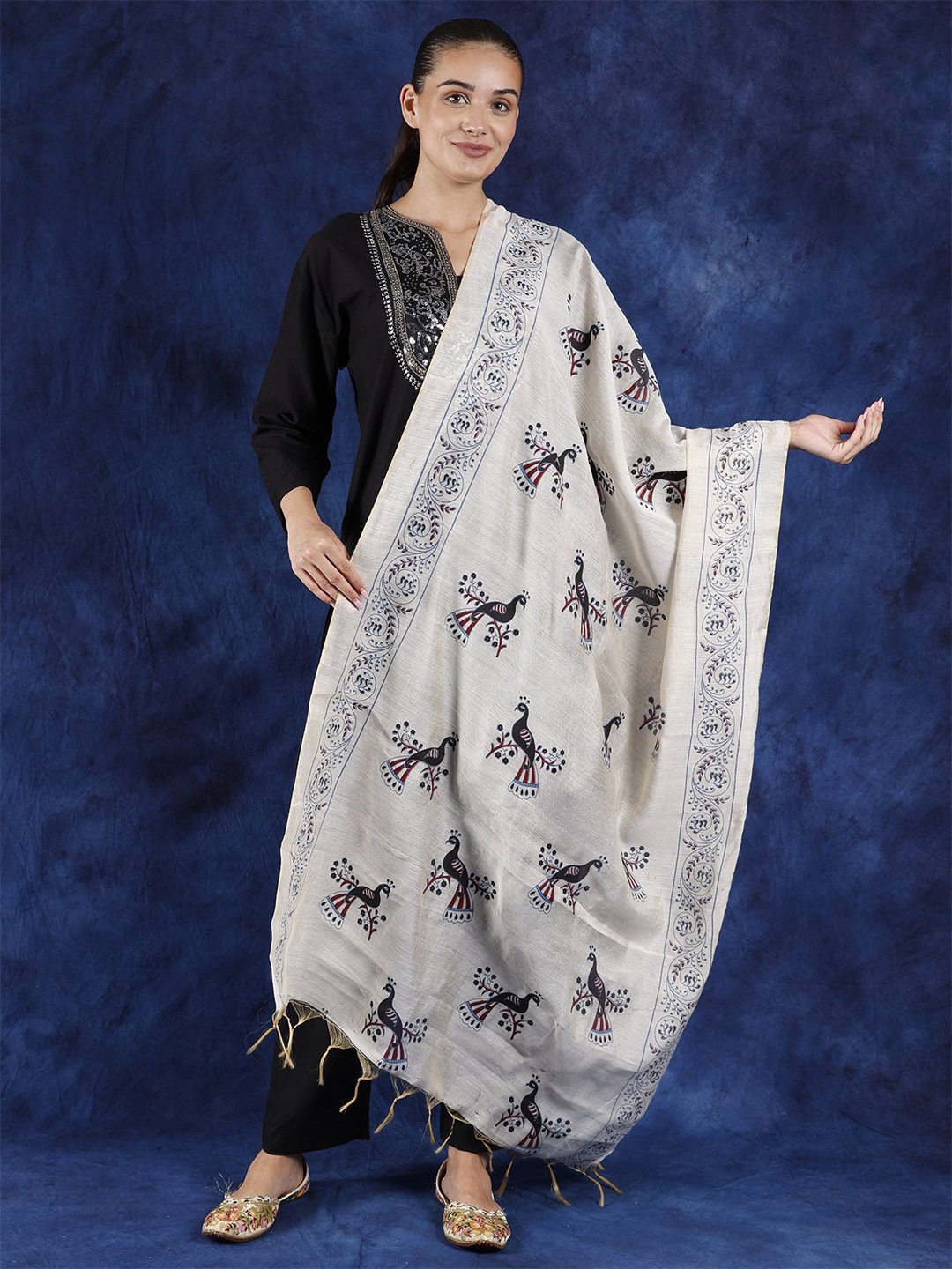 

Exotic India Ethnic Motifs Printed Cotton Dupatta, Off white