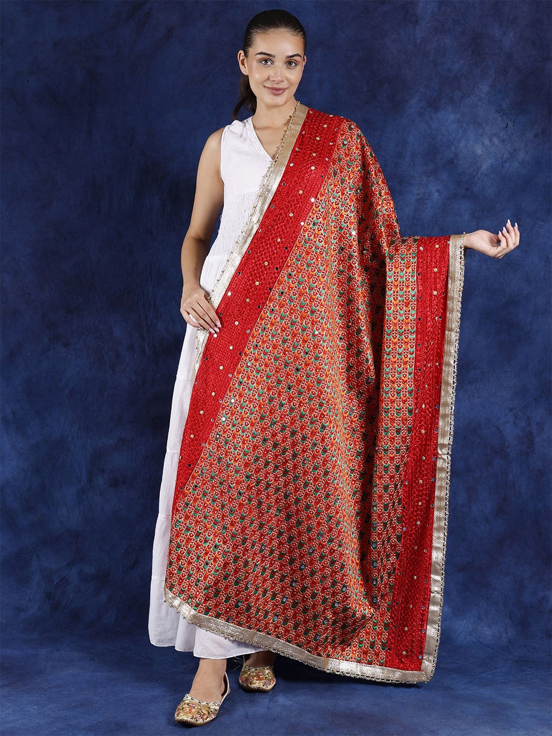 

Exotic India Mars Red Multicolor Thread Embroidery and Bead-Mirror Work Phulkari Dupatta