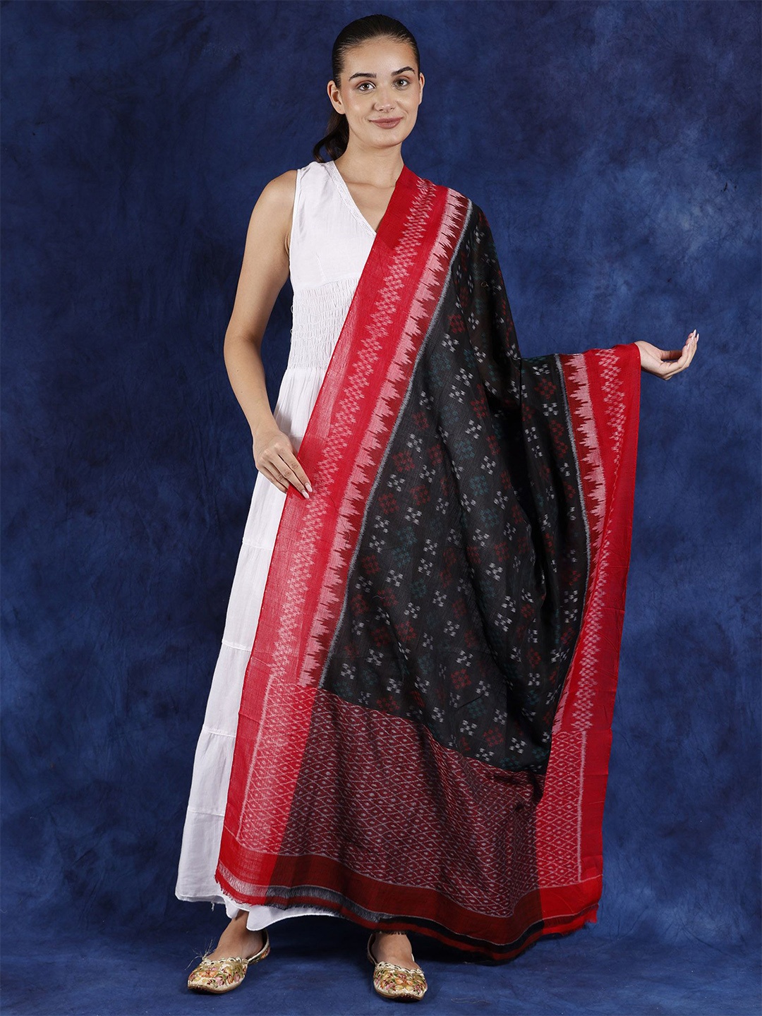 

Exotic India Ethnic Motifs Woven Design Pure Cotton Ikat Dupatta, Red