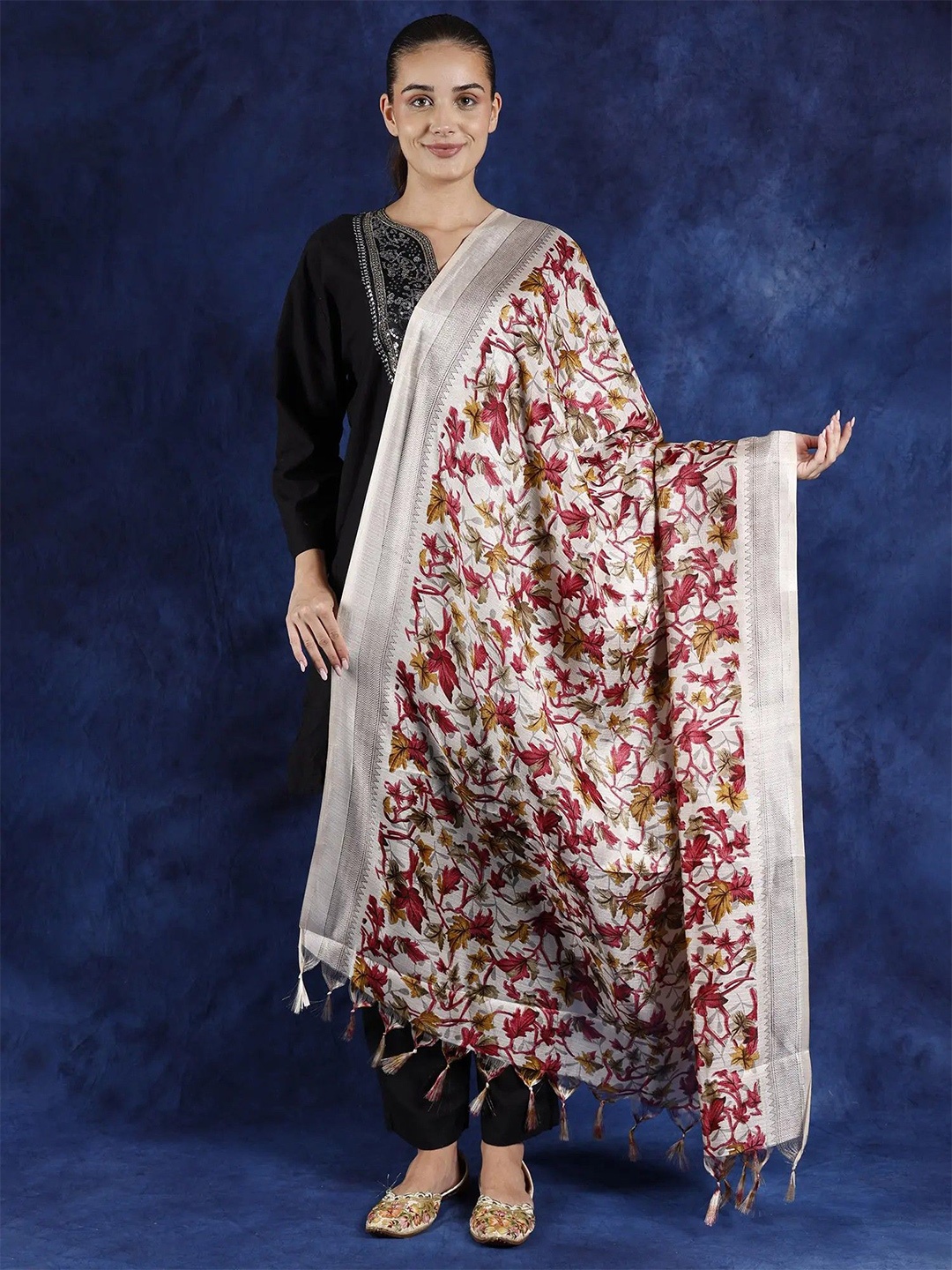 

Exotic India Holly Berry Art Silk Maple Leaf Printed Silk Dupatta with Tassels, Red