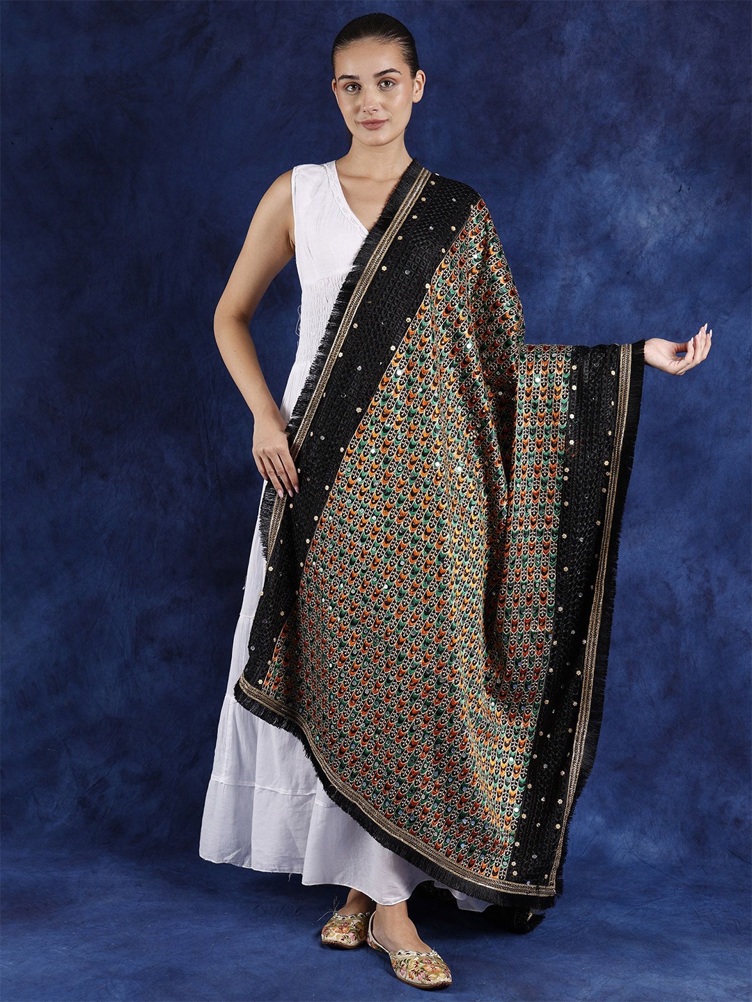

Exotic India Black Onyx Multicolor Thread Embroidery and Bead-Mirror Work Phulkari Dupatta