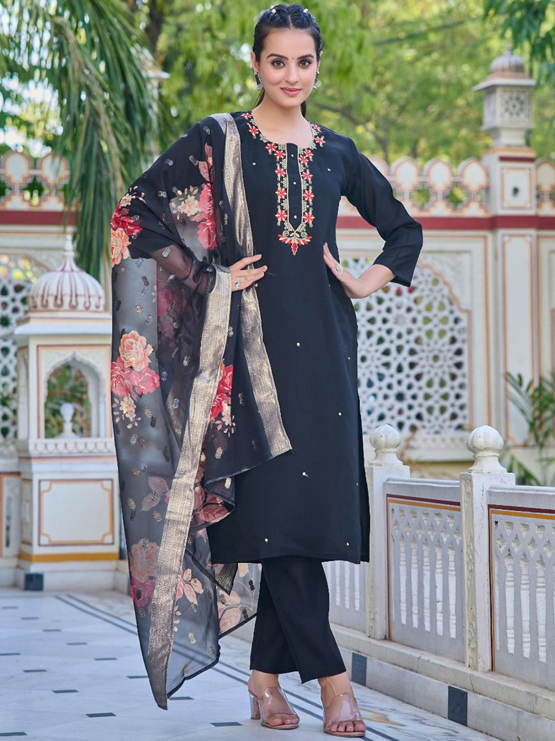 

NIZA FASHION Floral Embroidered Thread Work Chanderi Silk Kurta with Trousers & Dupatta, Black