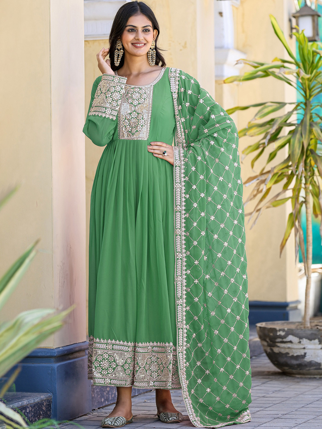 

NIZA FASHION Floral Yoke Design Regular Sequinned Kurta with Salwar & With Dupatta, Olive