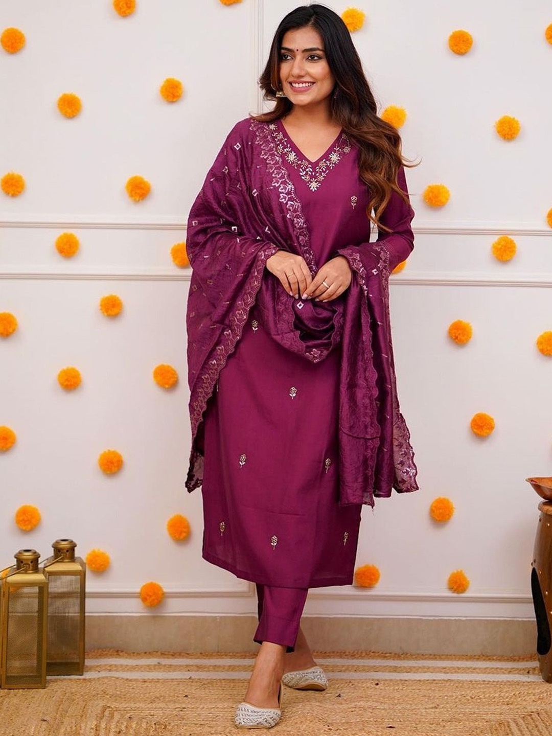 

NIZA FASHION Embroidered Regular Thread Work Chanderi Silk Kurta with Trousers & Dupatta, Purple