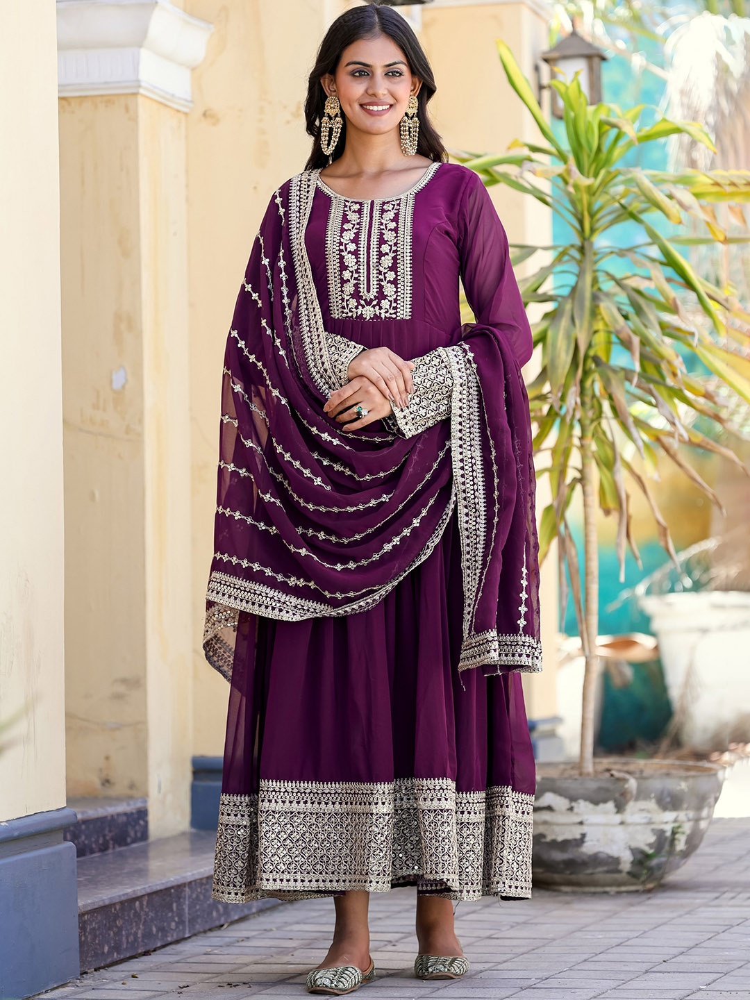

NIZA FASHION Floral Yoke Design Regular Sequinned Kurta with Salwar & With Dupatta, Purple