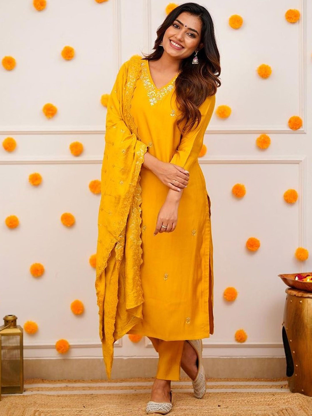 

NIZA FASHION Floral Embroidered Thread Work Chanderi Silk Kurta with Trousers & Dupatta, Yellow