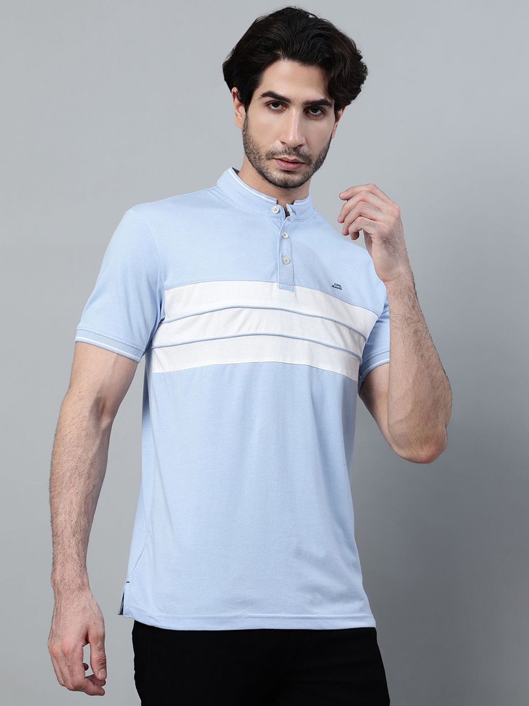 

Cantabil Men Striped Mandarin Collar Cotton T-Shirt, Blue