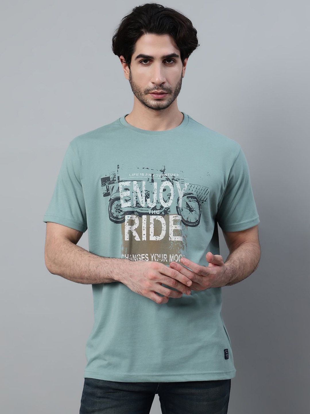 

Cantabil Men Graphic Printed Round Neck Cotton T-Shirt, Green