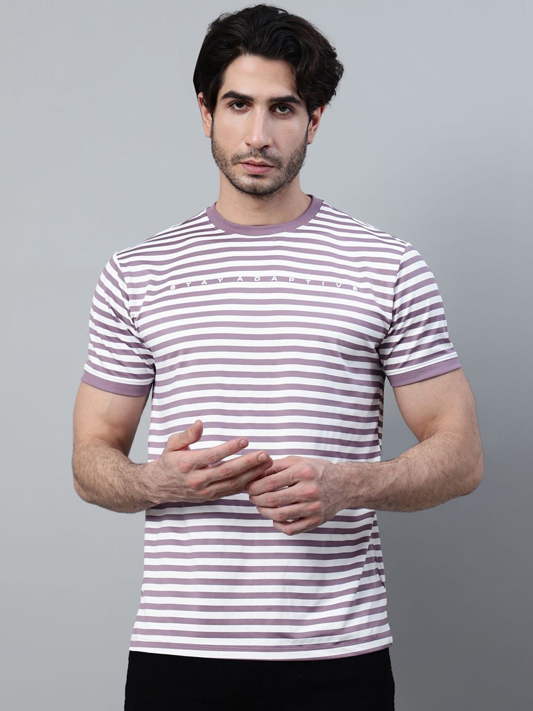 

Cantabil Men Striped Round Neck Cotton T-Shirt, Purple