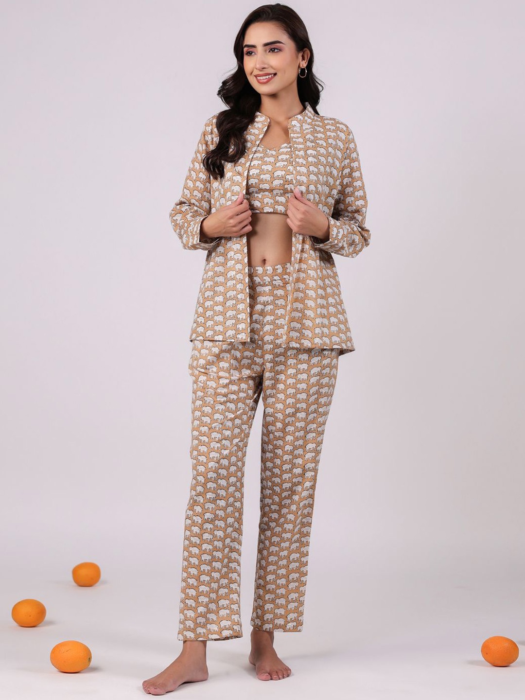

SANSKRUTIHOMES Women Printed Night suit, Beige